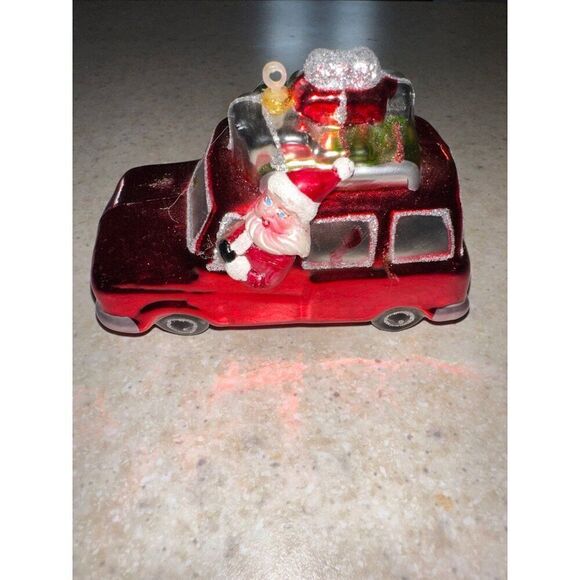 Santa Clause in Red Station Wagon Glass Handblown Ornament - Picture 1 of 10